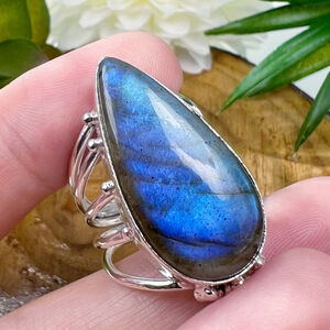 Blue Labradorite Ring Size 8 Big Chunky Boho Style Pear Handmade New 925